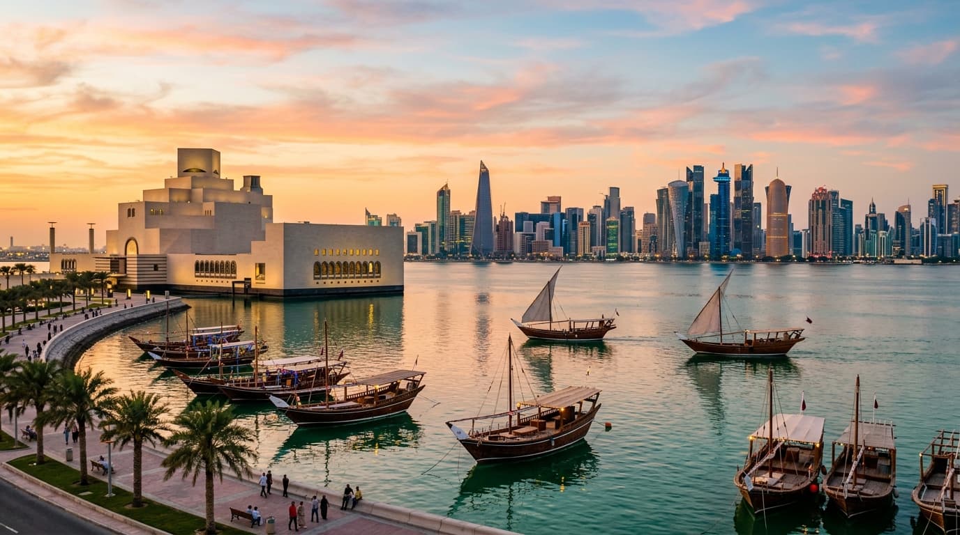 Doha Corniche skyline at evening